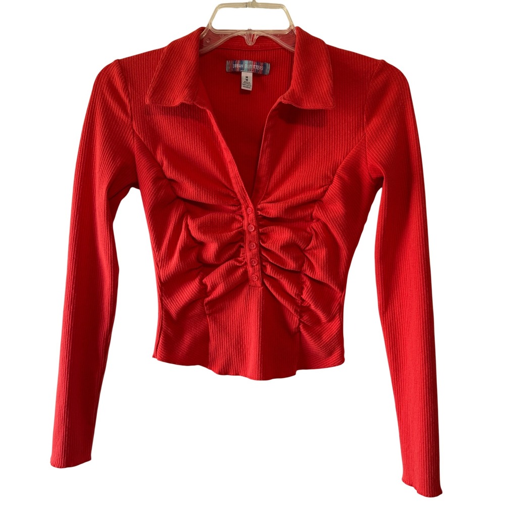 Urban Outfitters Y2K Red Ribbed Ruched Button Top‎ Women's Medium